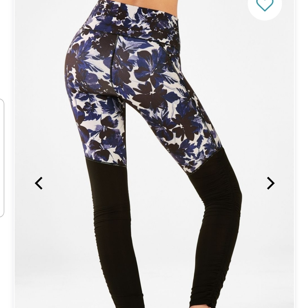 Mesh leg, blue floral leggings.